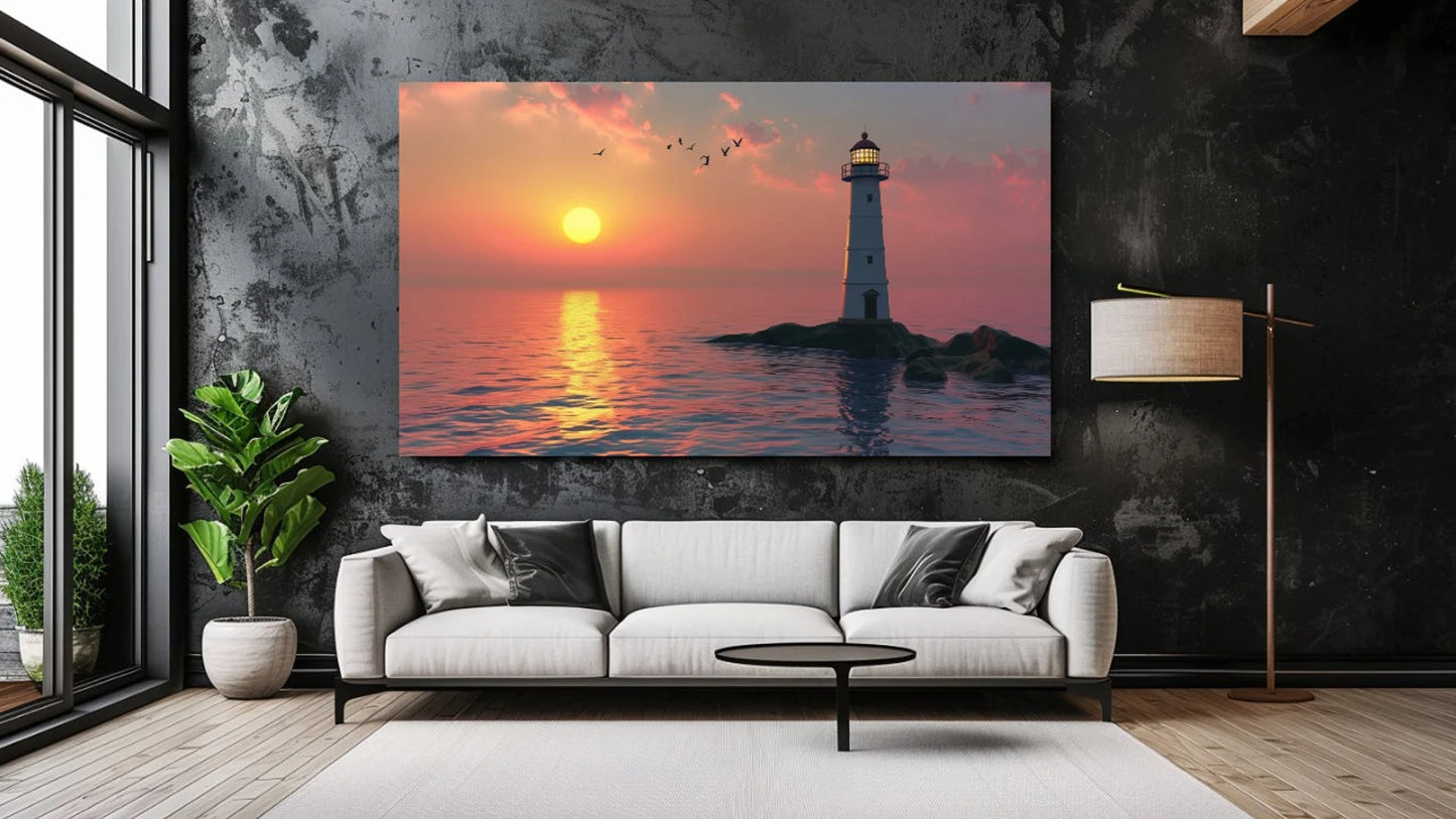 Lighthouse Sunset, Sea Landscape Design Canvas Print