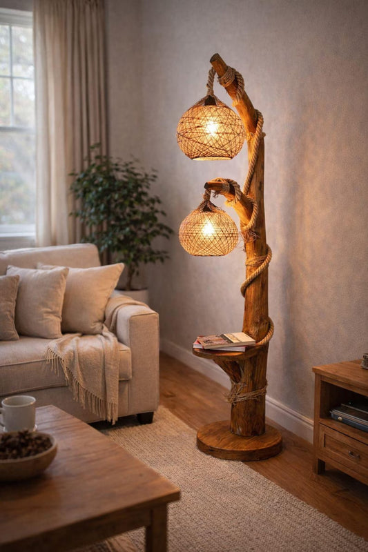 55 Inch Handmade Rustic Wooden Floor Lamp with Rope